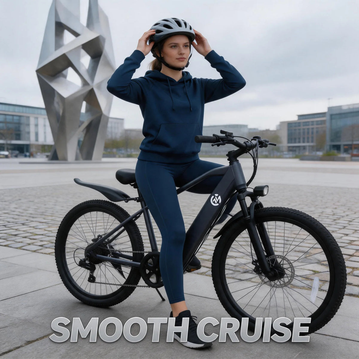 A woman wearing a navy blue hoodie and matching leggings sits on a black electric bicycle in an outdoor urban plaza, adjusting her helmet. The text 'SMOOTH CRUISE' is overlaid at the bottom.
