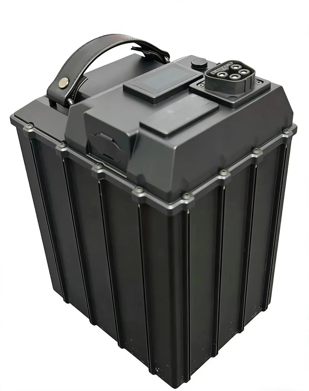 A black heavy-duty plastic battery with a built-in carrying handle and a multi-pin electrical connector on top, shown against a plain white background.