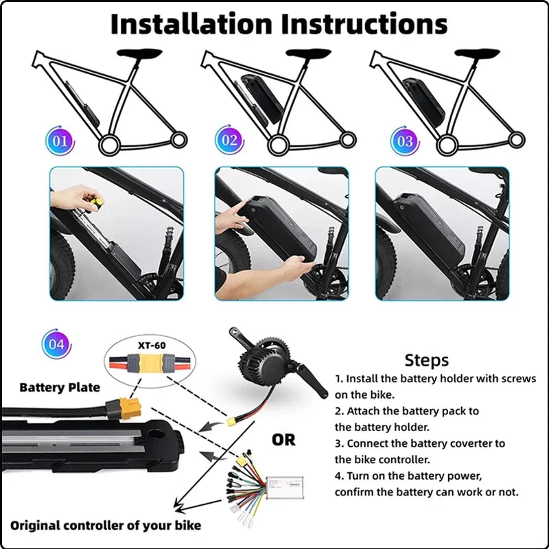 Step-by-step installation instructions for an electric bike battery system.