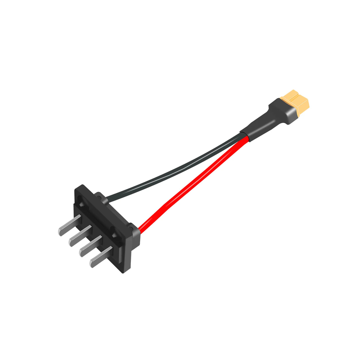 A small electronic connector adapter with a black 5-pin female plug, a red wire, a black wire, and a gold male connector tip, shown on a plain white background.