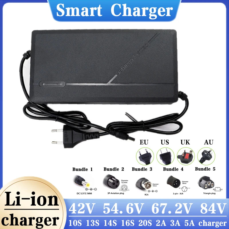 Black smart Li-ion charger power adapter with attached power cord, shown on a white background with plug type labels (EU, US, UK, AU), bundle options, and voltage/amp specifications.