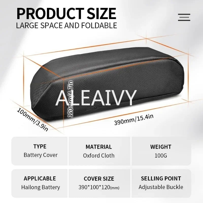 Product size diagram for a black battery cover, showing dimensions of 100mm x 120mm x 390mm (3.9 inches by 4.