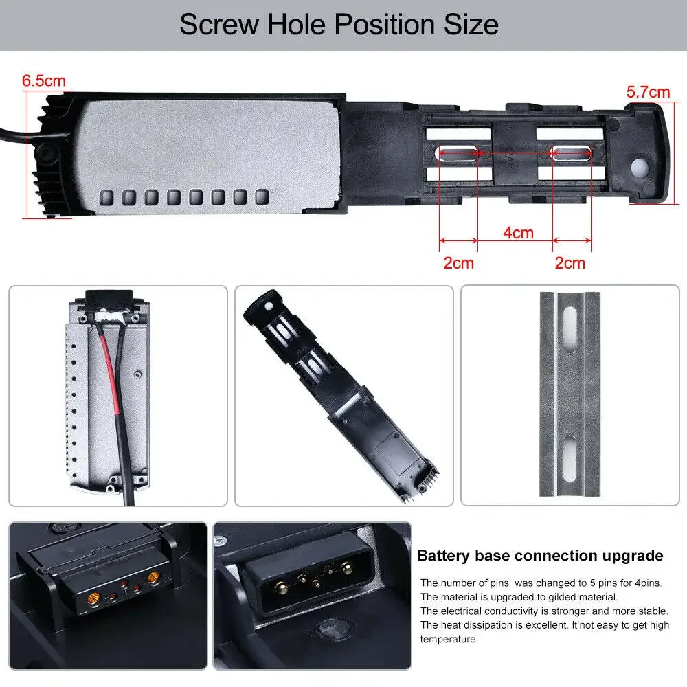Technical diagram showing screw hole position and size measurements for a black and silver electronic device, with inset close-up views of the connector and battery base connection upgrade details.
