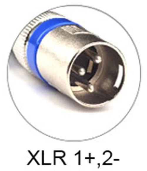XLR connector with blue banding on a white background