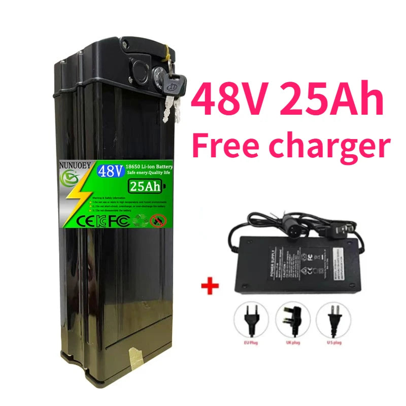 A black 48V 25Ah lithium-ion battery pack with a green and white label, shown alongside a black free charger and plug icons on a white background with pink text reading '48V 25Ah Free charger'.