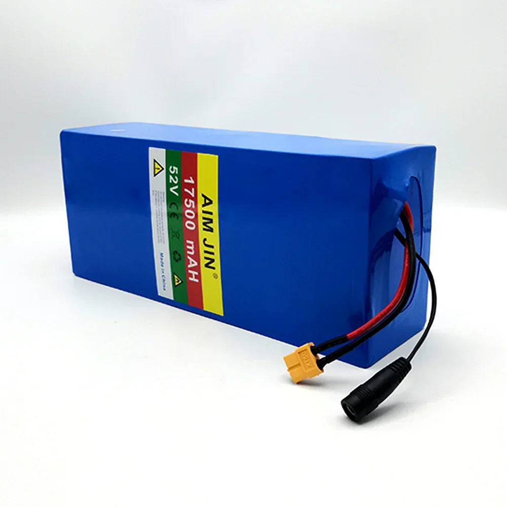 A blue rectangular lithium-ion battery with a white, red, green, and yellow label reading 'AIM JIN 17500 MAH 32V'. The battery has two cables extending from one end, one with a yellow connector and the other with a black connector, shown on a white background.