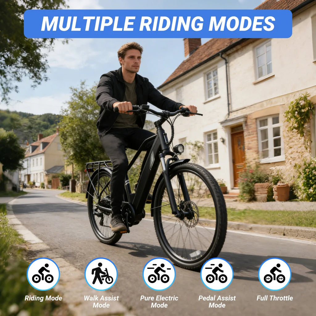 A man rides an electric bicycle on a quiet country road, with a blue banner at the top reading 'MULTIPLE RIDING MODES' and five mode icons along the bottom. The product being shown is the black electric bike, and the scene is a real outdoor environment, so subject_type is Lifestyle.