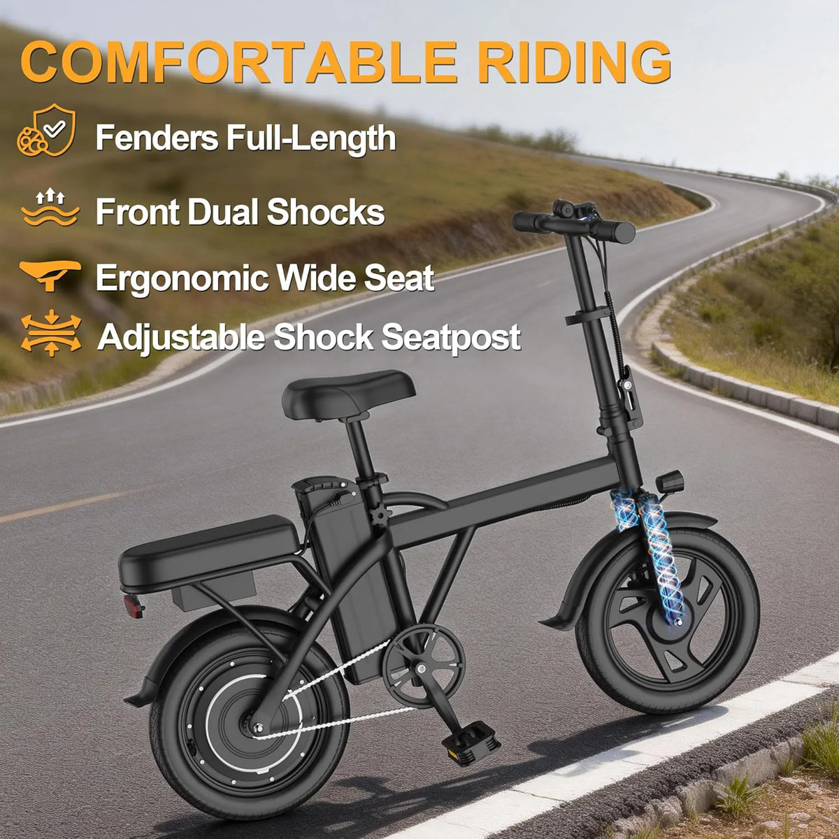 Black electric bike on a road with features highlighted, including fenders, dual shocks, wide seat, and adjustable seatpost.