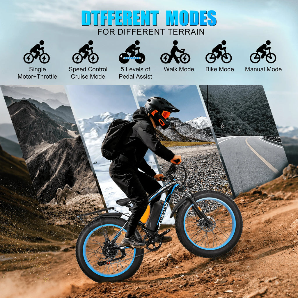 Person riding an electric bike with different modes displayed on a scenic background