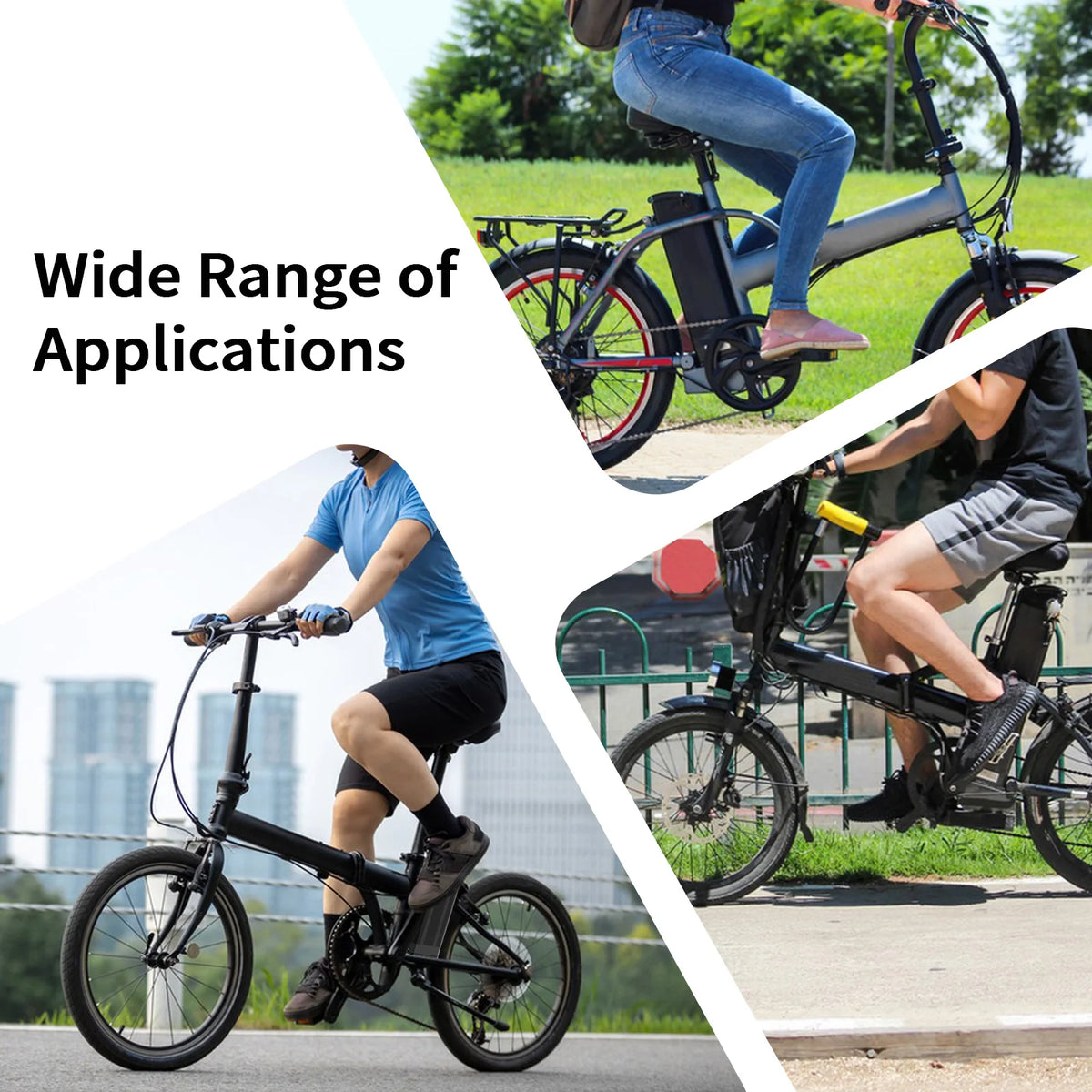 A promotional collage showing multiple people riding folding bicycles outdoors on grass, pavement, and water, with the text 'Wide Range of Applications' on a white diagonal background.