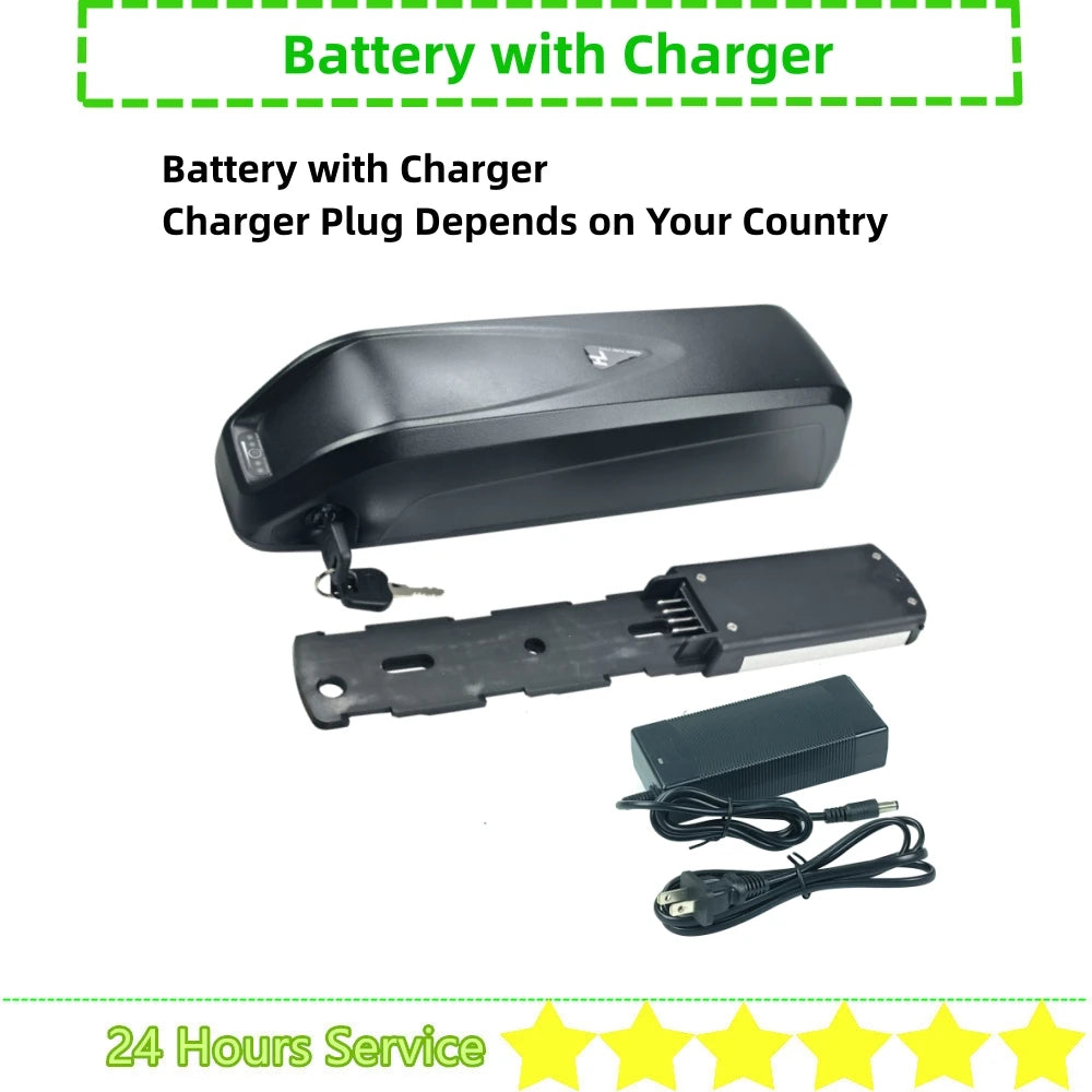 Battery with charger on a white background with text about country-specific chargers and service availability.