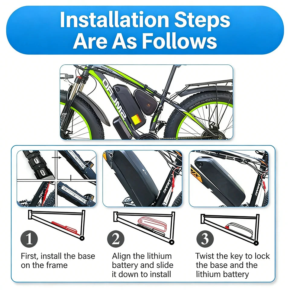Instructional graphic showing how to install a black and red lithium battery on an electric bicycle. The top section has a blue header reading 'Installation Steps Are As Follows' and shows a close-up of a green and black bicycle with the battery attached.