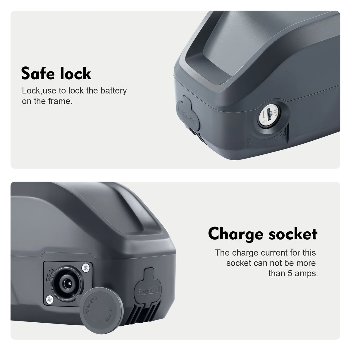 Close-up of a battery lock and charge socket with text labels on a white background