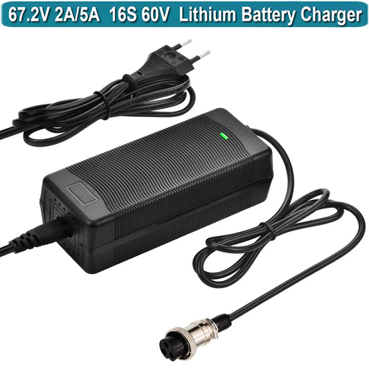Black 16S 60V lithium battery charger power adapter with a European two-pin plug and an XLR connector, shown on a white background with a blue text banner at the top.