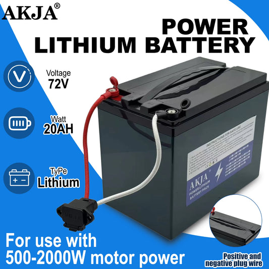 AKJA Power Lithium Battery 72V 20AH, featuring a black rectangular battery with a red and white cable, shown on a blue and white graphic background with product specifications and icons.